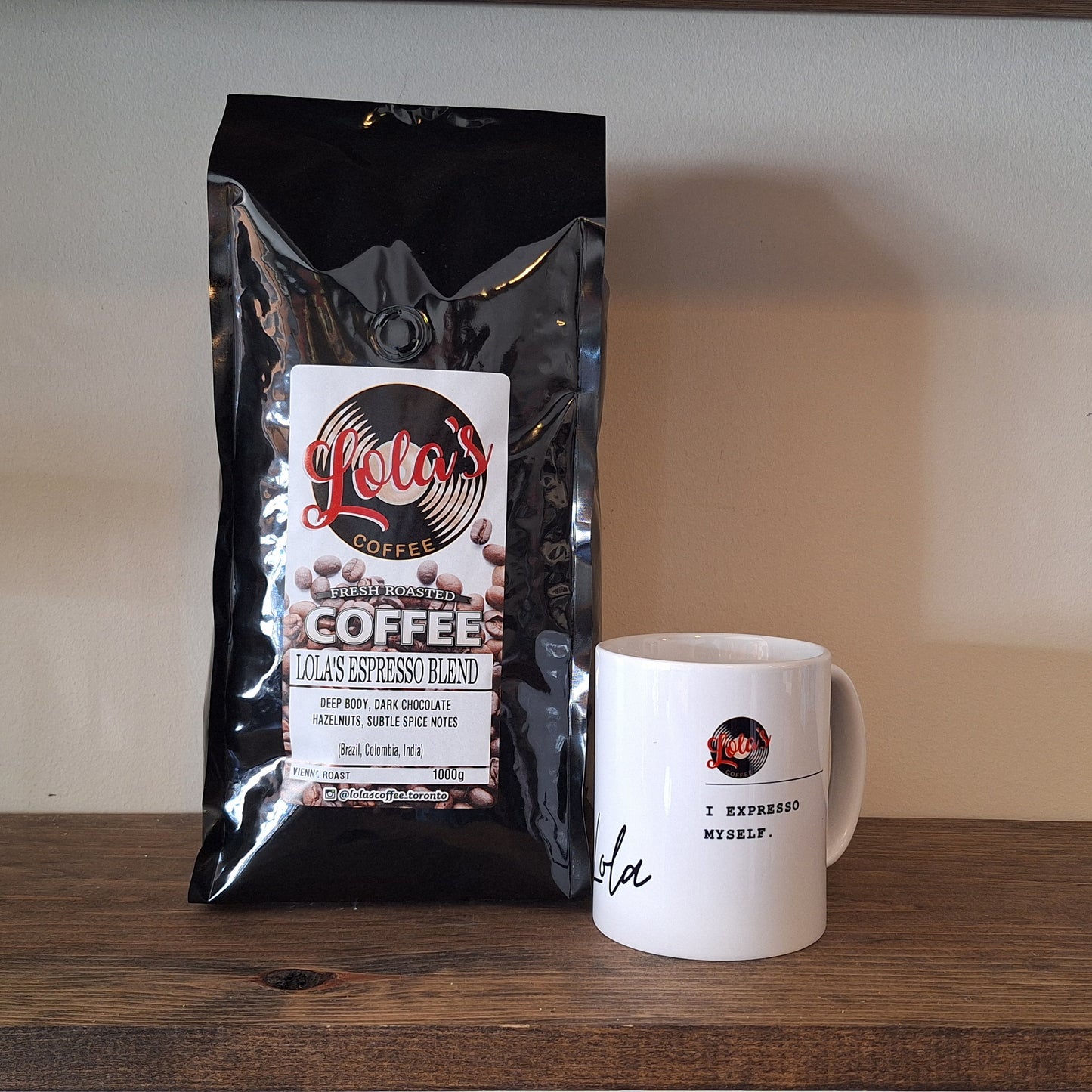 1KG. DARK ROAST LOLA'S ESPRESSO BLEND + LOLA'S CUP OF YOUR CHOICE