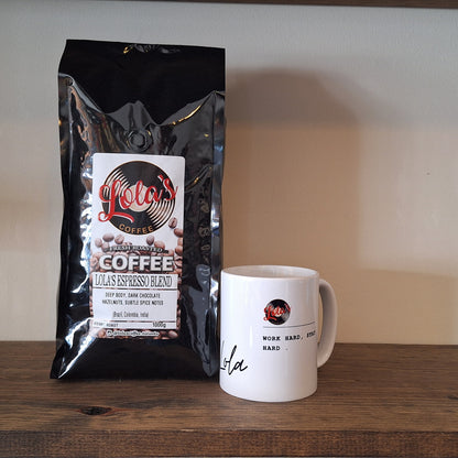 1KG. DARK ROAST LOLA'S ESPRESSO BLEND + LOLA'S CUP OF YOUR CHOICE